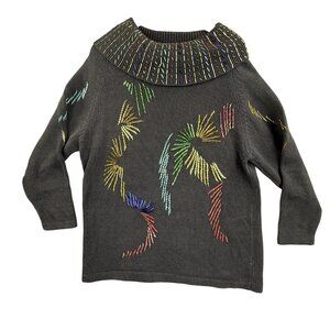 Chelsea Way Sweater Women Medium Black Embroidered Cowl Neck Pullover Tribal Art